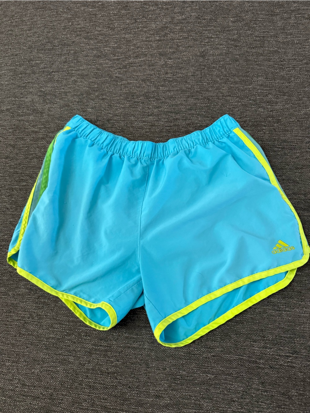 Adidas Women's Aqua Blue Athletic Shorts with Neon Yellow Trim size Medium